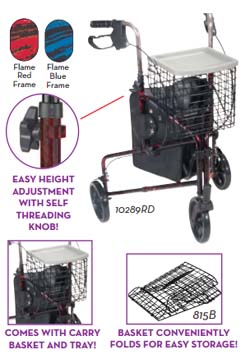 Deluxe 3 Wheel Aluminum Rollator, 8 inch Casters with Loop Locks
